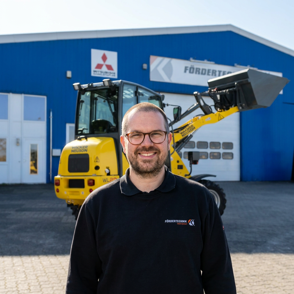 Felix, Servicetechniker bei Fördertechnik K&K, vor einem Wacker Neuson Radlader